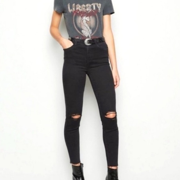 We the Free Free People Black Stella Rip High Waisted Skinny Jeans Raw Hem 24 - Picture 16 of 16